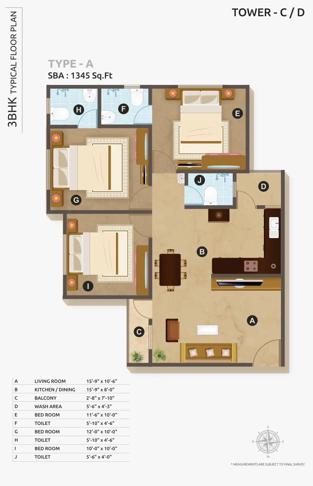 LILLERIA SIGNATURE - 3BHK - TYPICAL FLOOR PLAN – TYPE-A  – TOWER – C / D